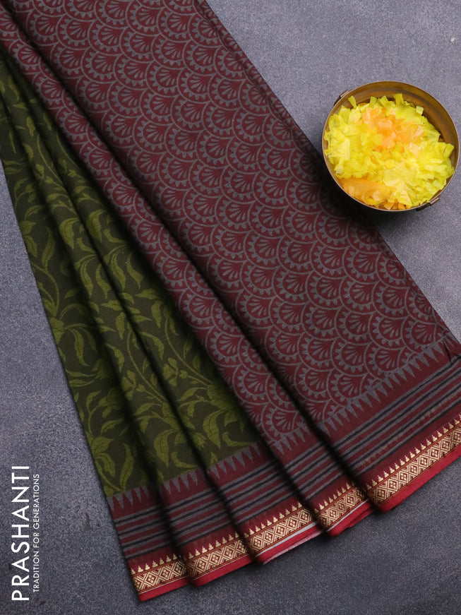 Muslin cotton saree sap green and maroon with allover floral prints and thread woven border