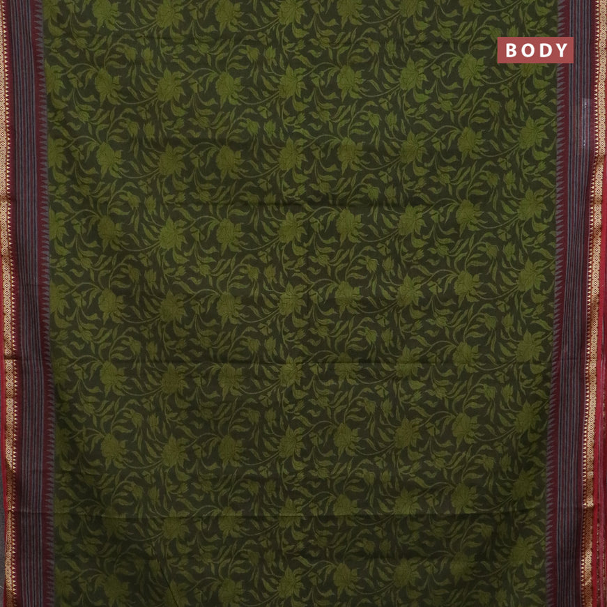 Muslin cotton saree sap green and maroon with allover floral prints and thread woven border