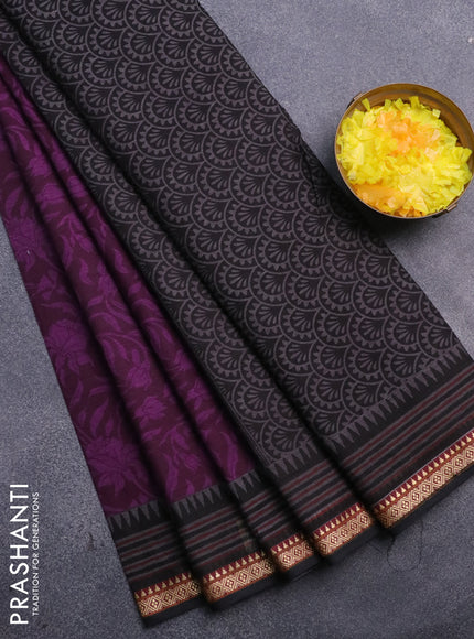 Muslin cotton saree deep purple and black with allover floral prints and thread woven border