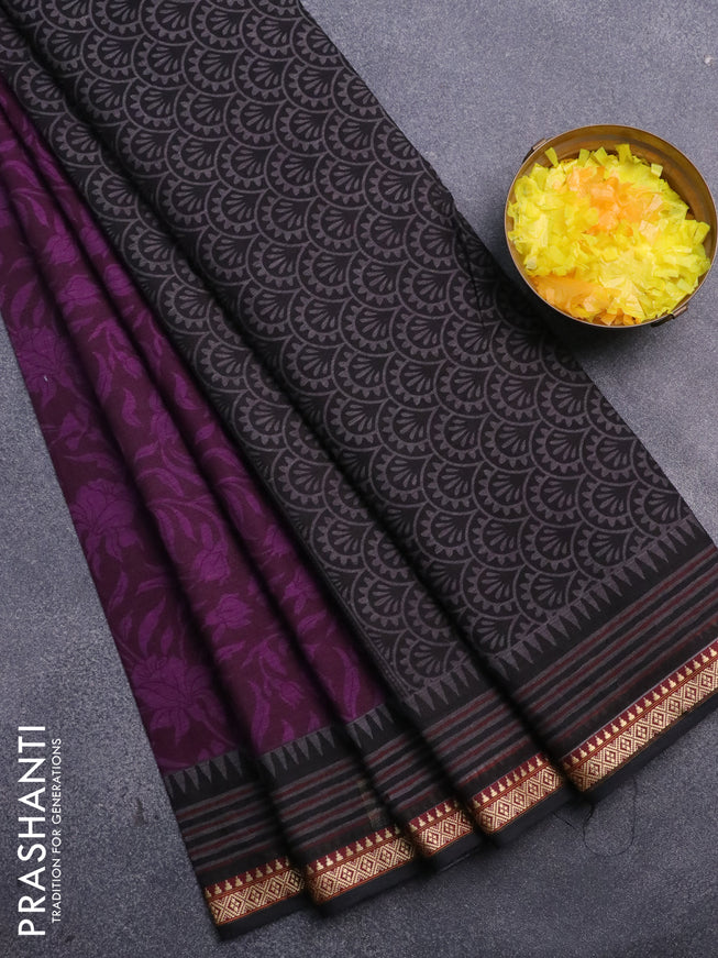 Muslin cotton saree deep purple and black with allover floral prints and thread woven border