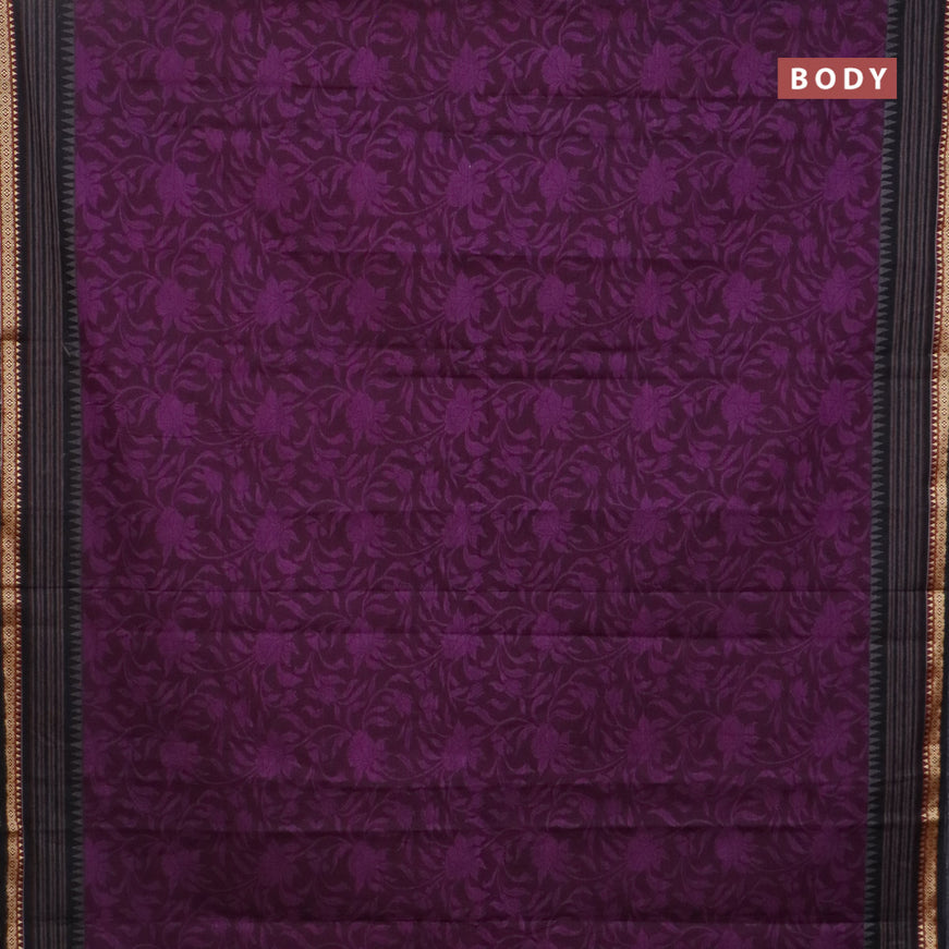 Muslin cotton saree deep purple and black with allover floral prints and thread woven border