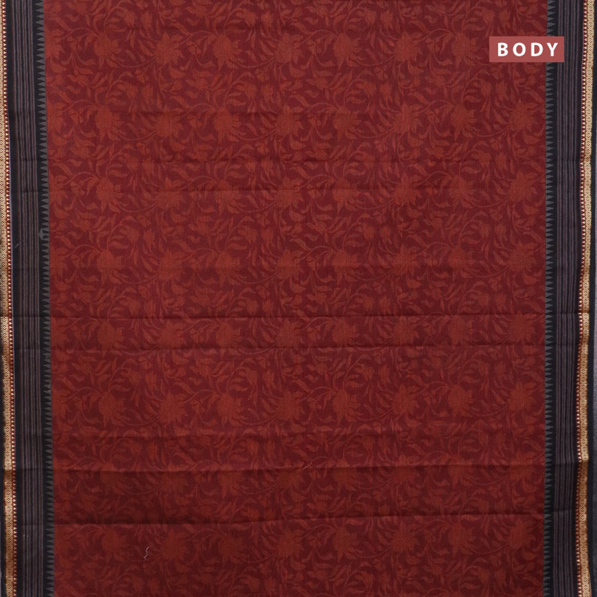 Muslin cotton saree maroon and blue with allover floral prints and thread woven border