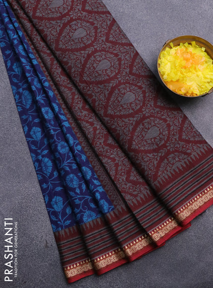 Muslin cotton saree blue and maroon with allover floral prints and thread woven border