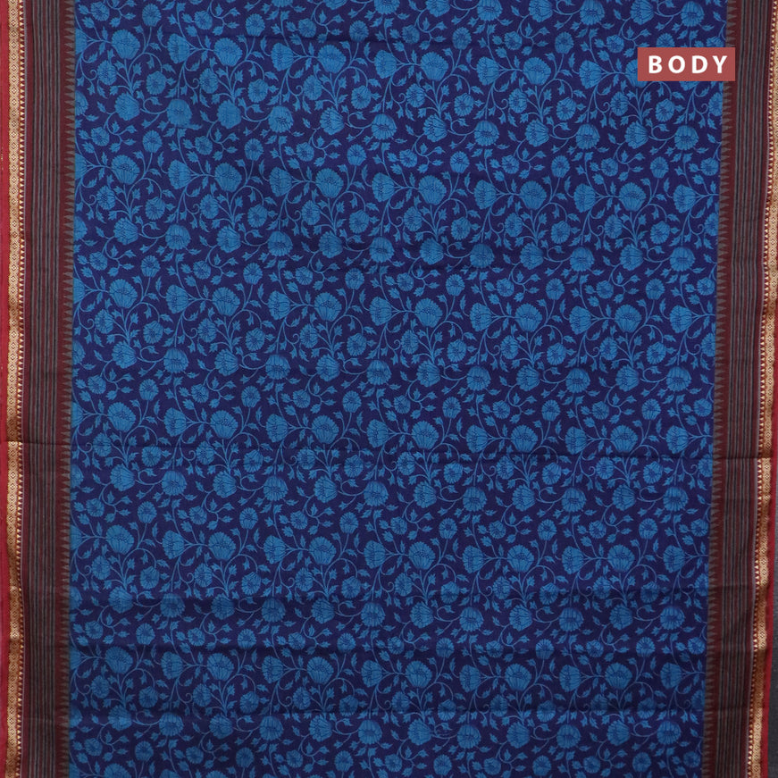 Muslin cotton saree blue and maroon with allover floral prints and thread woven border