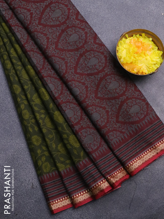 Muslin cotton saree sap green and maroon with allover floral prints and thread woven border