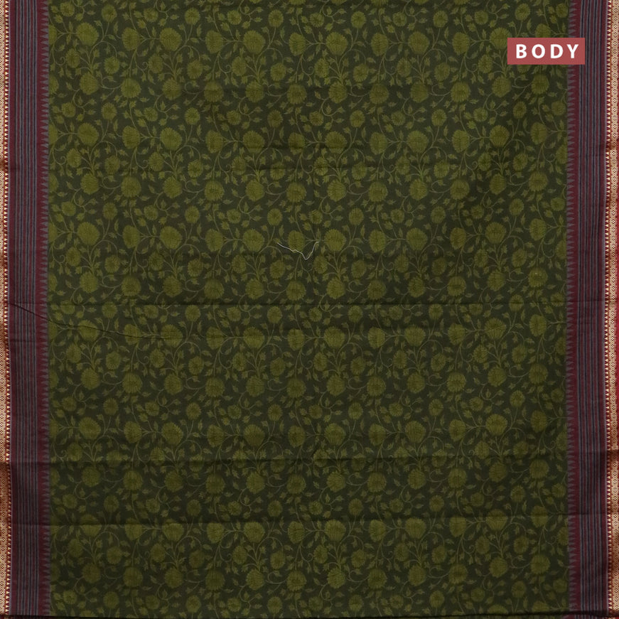 Muslin cotton saree sap green and maroon with allover floral prints and thread woven border