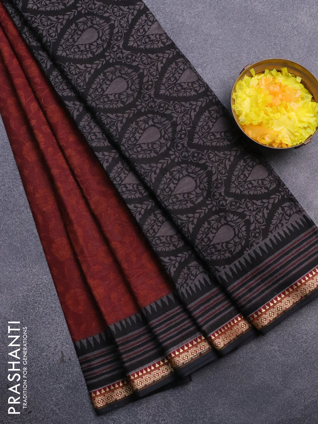 Muslin cotton saree maroon and black with allover floral prints and thread woven border