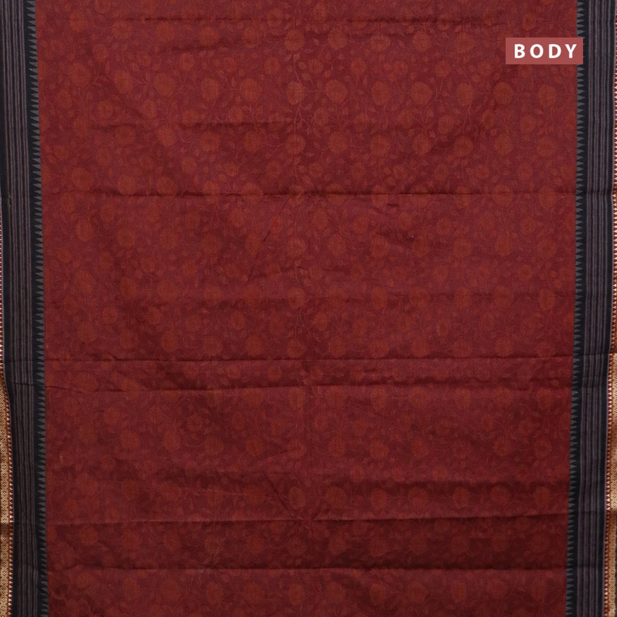 Muslin cotton saree maroon and black with allover floral prints and thread woven border