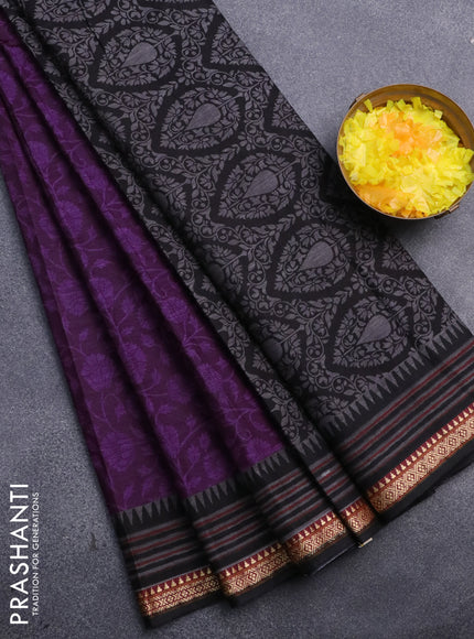 Muslin cotton saree deep purple and black with allover floral prints and thread woven border