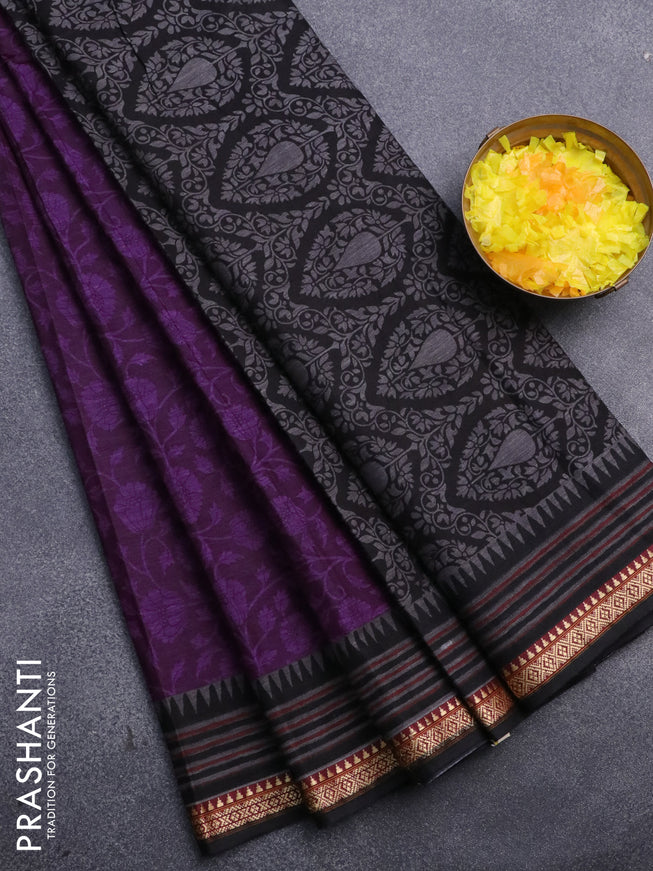 Muslin cotton saree deep purple and black with allover floral prints and thread woven border