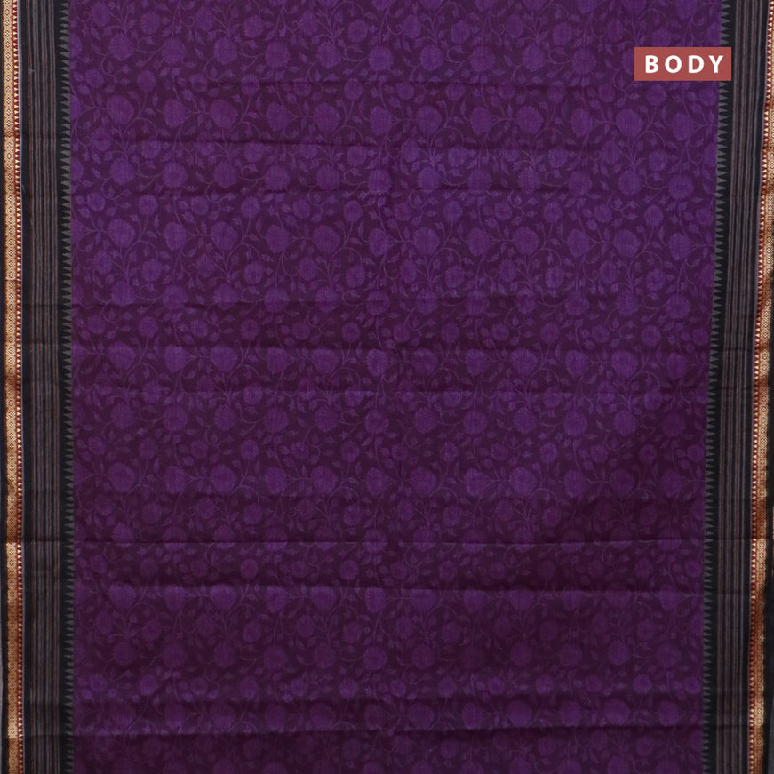 Muslin cotton saree deep purple and black with allover floral prints and thread woven border