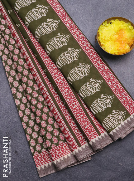 Muslin cotton saree sap green and beige with allover floral prints and printed border