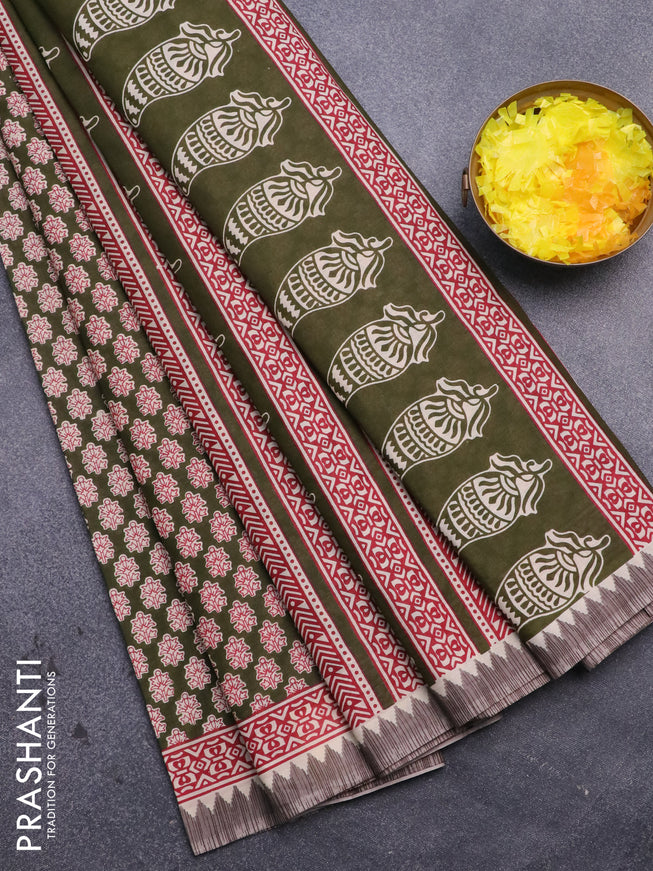 Muslin cotton saree sap green and beige with allover floral prints and printed border