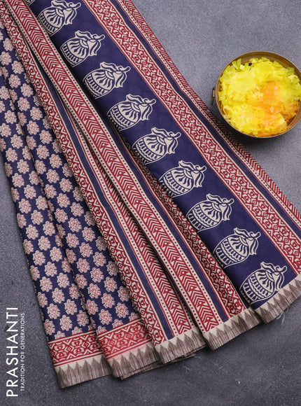 Muslin cotton saree blue and beige with allover floral prints and printed border