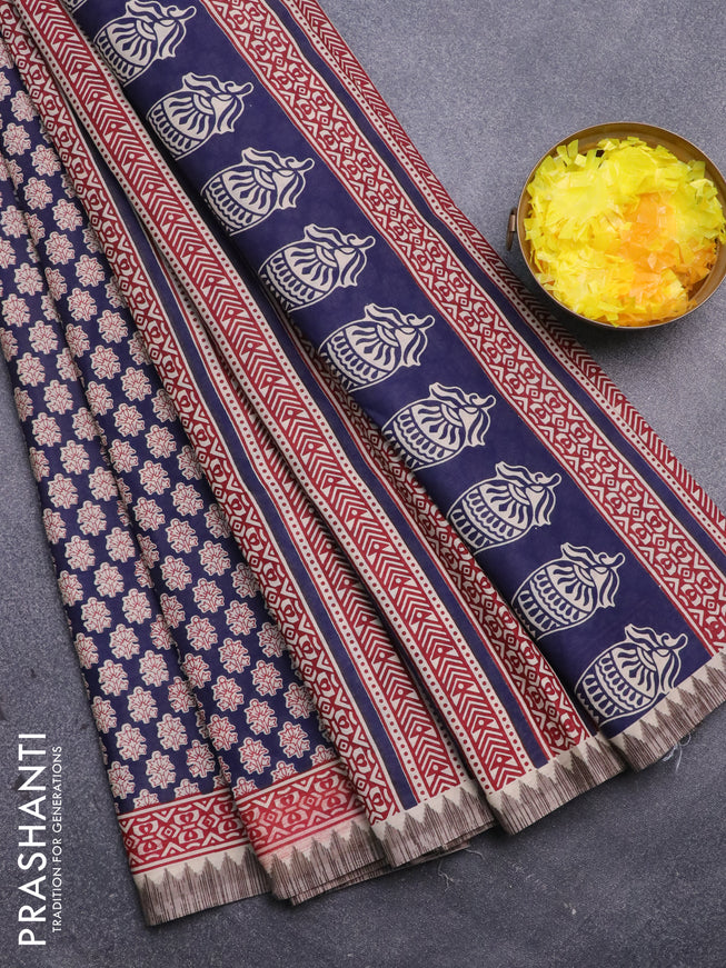 Muslin cotton saree blue and beige with allover floral prints and printed border