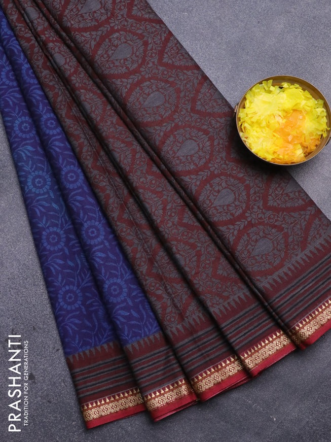 Muslin cotton saree blue and maroon with allover prints and thread woven border