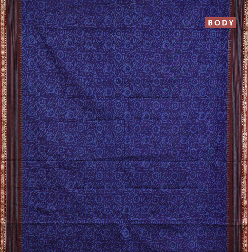 Muslin cotton saree blue and maroon with allover prints and thread woven border