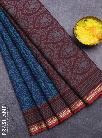 Muslin cotton saree peacock blue and maroon with allover prints and thread woven border