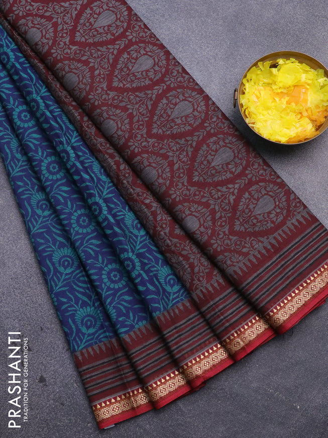 Muslin cotton saree peacock blue and maroon with allover prints and thread woven border