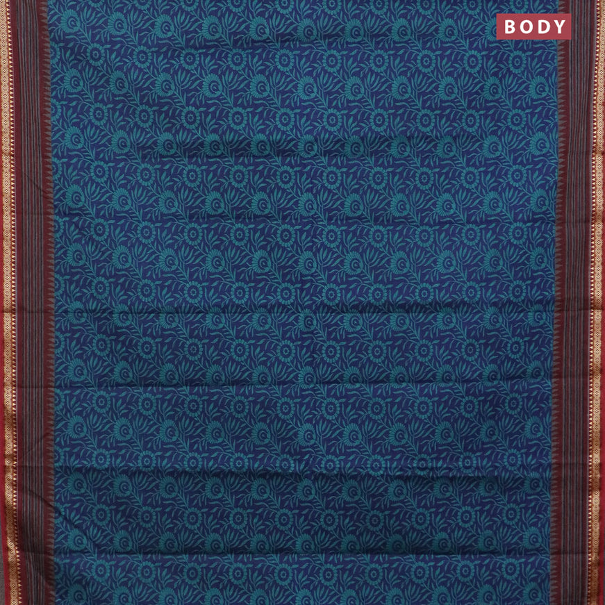 Muslin cotton saree peacock blue and maroon with allover prints and thread woven border