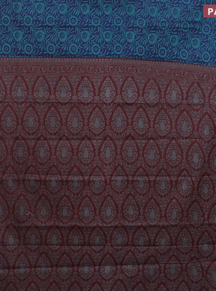 Muslin cotton saree peacock blue and maroon with allover prints and thread woven border