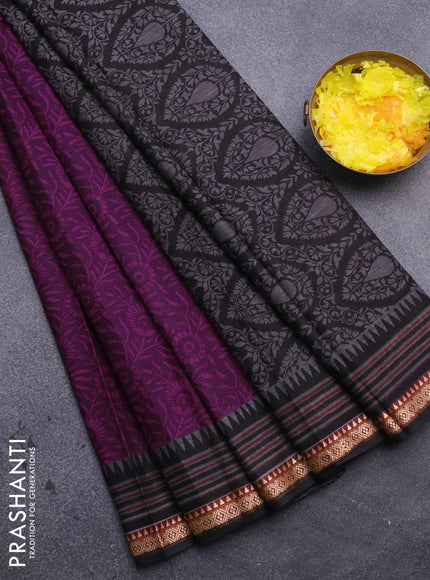 Muslin cotton saree purple and black with allover prints and thread woven border