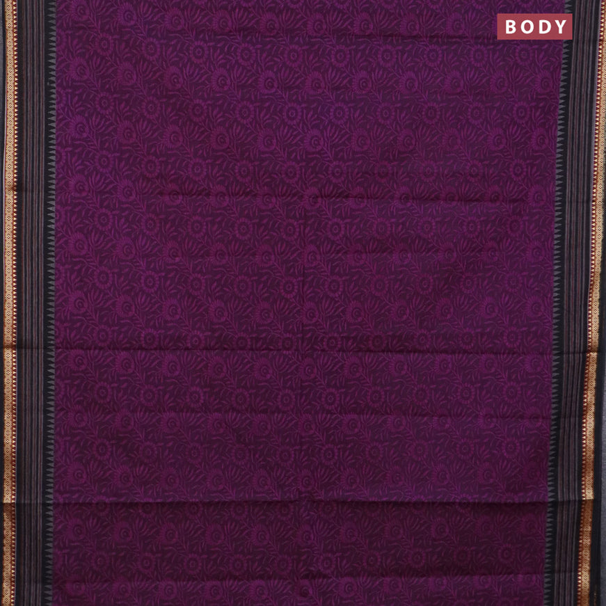 Muslin cotton saree purple and black with allover prints and thread woven border