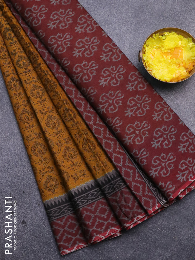 Muslin cotton saree mustard yellow and maroon with allover prints and printed border