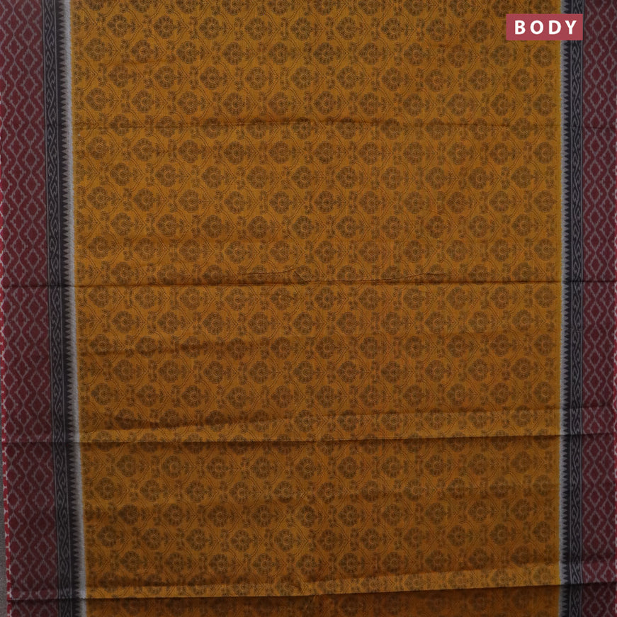 Muslin cotton saree mustard yellow and maroon with allover prints and printed border