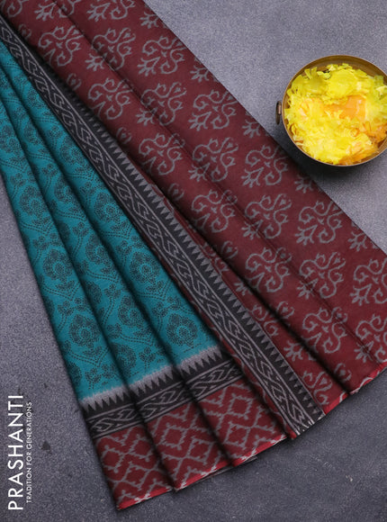 Muslin cotton saree teal green and maroon with allover prints and printed border