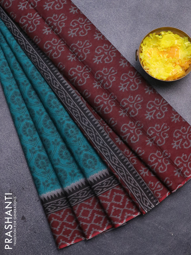 Muslin cotton saree teal green and maroon with allover prints and printed border