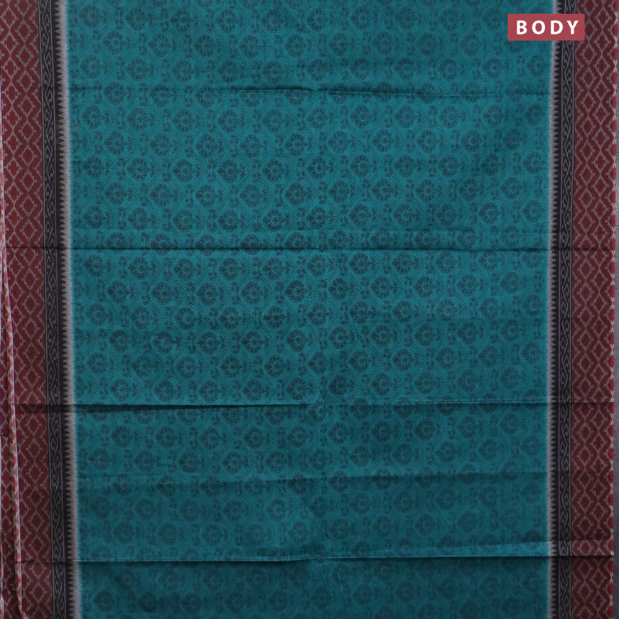 Muslin cotton saree teal green and maroon with allover prints and printed border