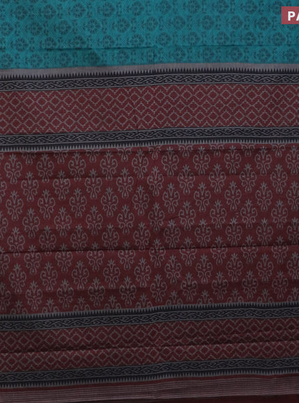 Muslin cotton saree teal green and maroon with allover prints and printed border