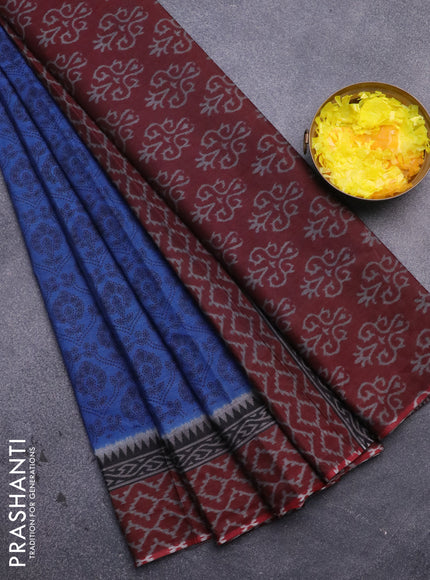 Muslin cotton saree blue and maroon with allover prints and printed border