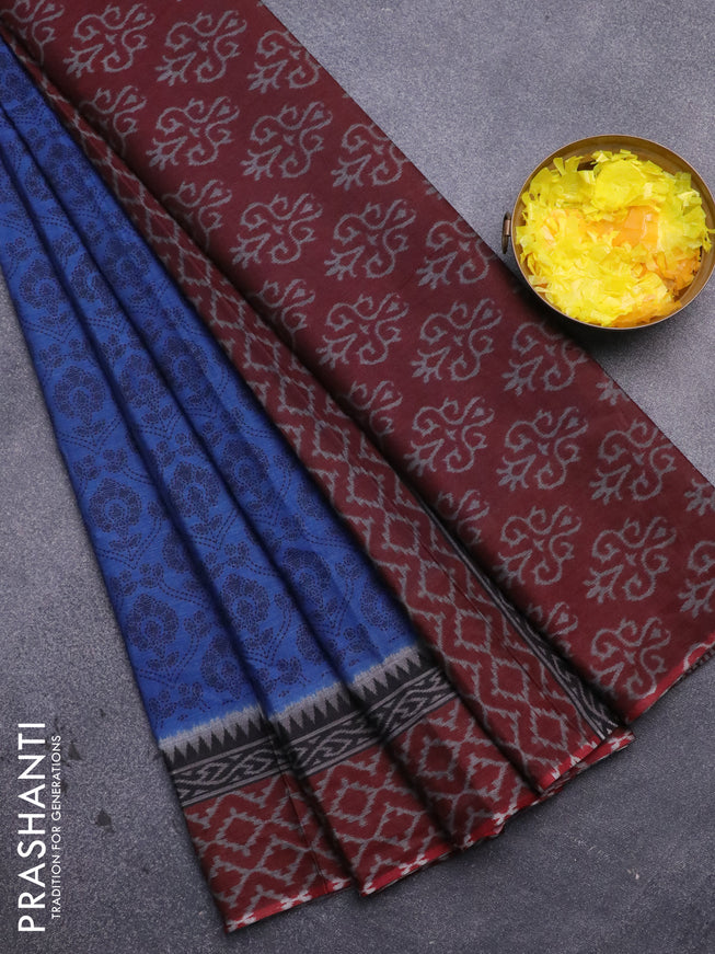 Muslin cotton saree blue and maroon with allover prints and printed border