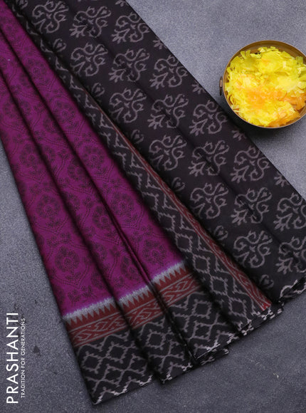 Muslin cotton saree dark magenta pink and black with allover prints and printed border