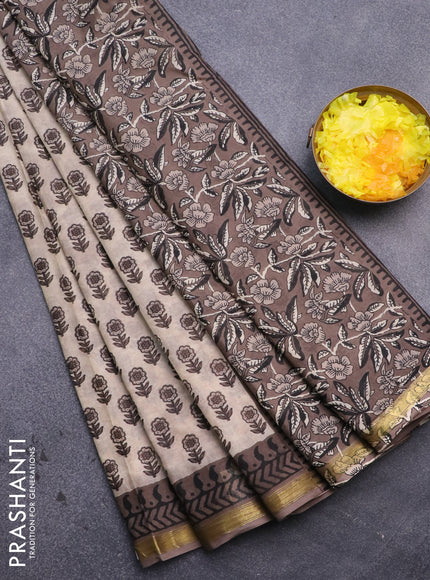 Muslin cotton saree cream and grey with floral butta prints and zari woven border