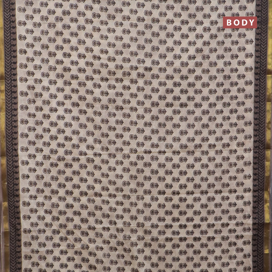 Muslin cotton saree cream and grey with floral butta prints and zari woven border