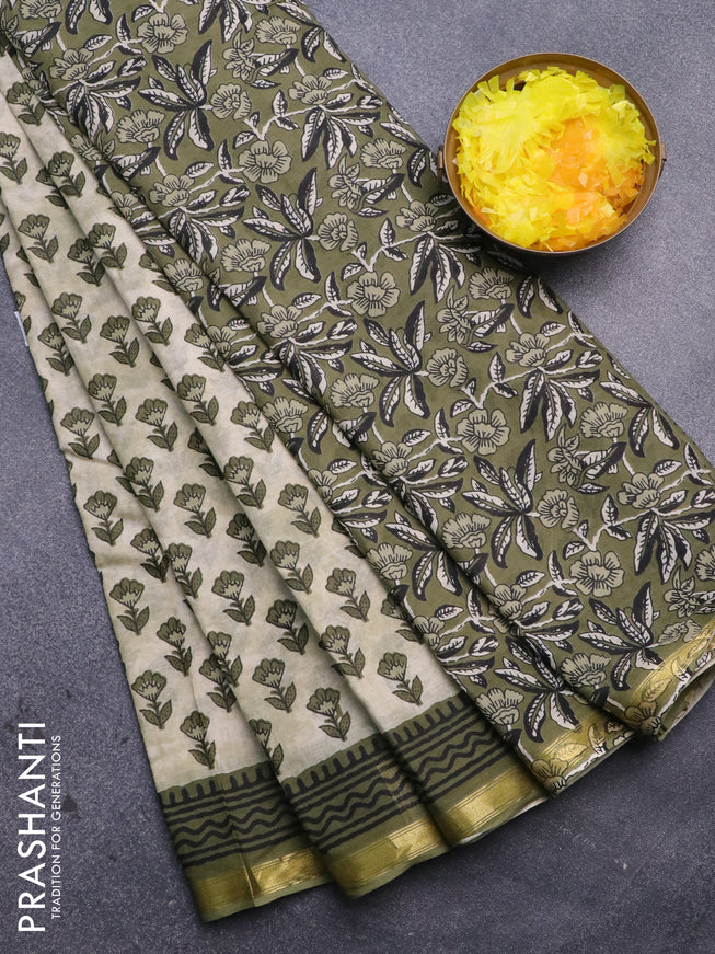 Muslin cotton saree cream and green with allover floral butta prints and small zari woven border