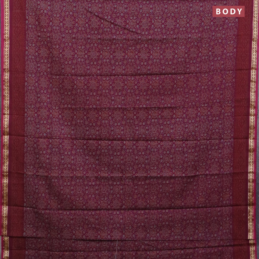 Muslin cotton saree magenta pink with allover ajrakh prints and thread woven border