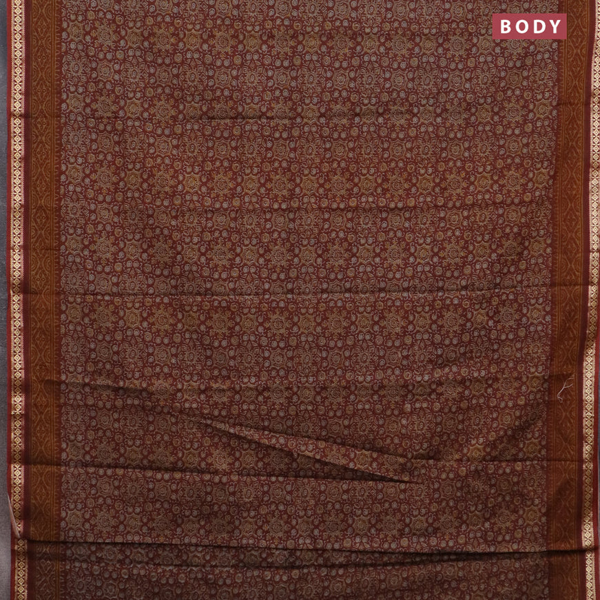 Muslin cotton saree rust shade with allover ajrakh prints and thread woven border