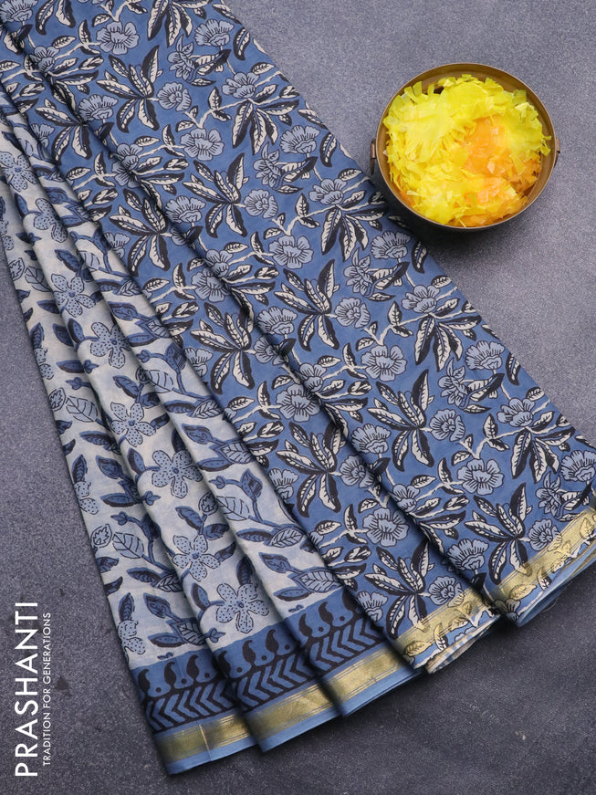 Muslin cotton saree cream and blue with allover kalamkari prints and small zari woven border