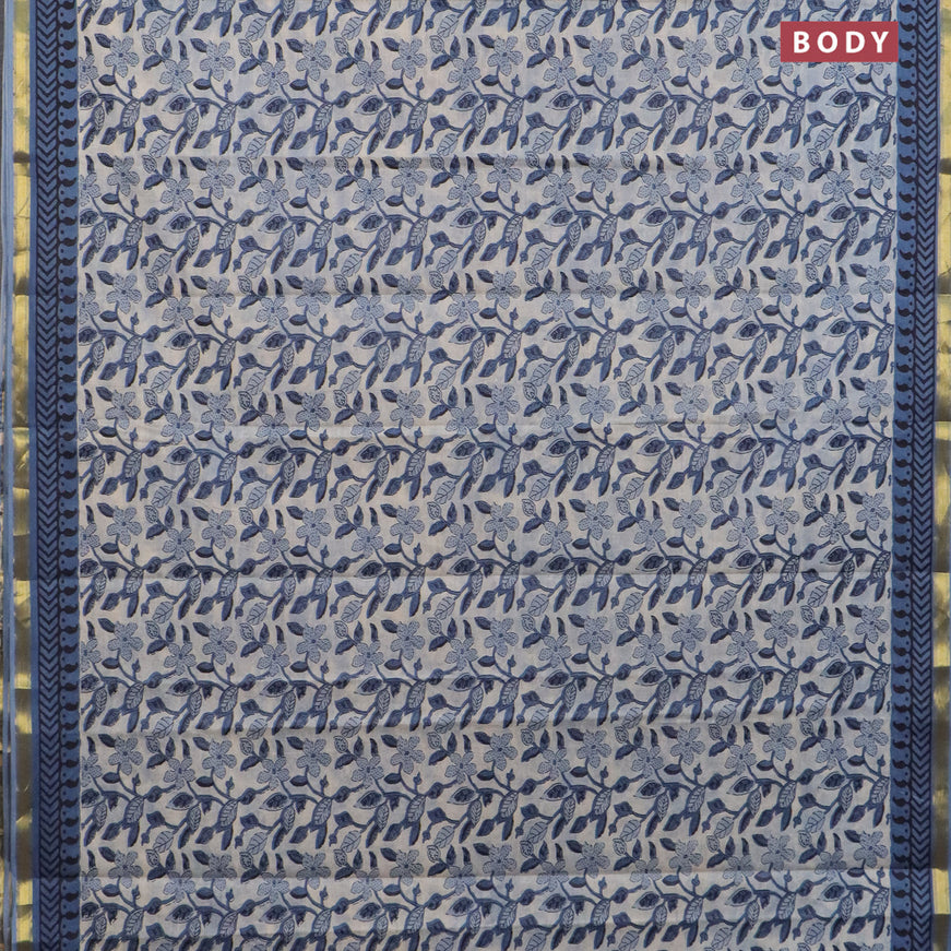 Muslin cotton saree cream and blue with allover kalamkari prints and small zari woven border