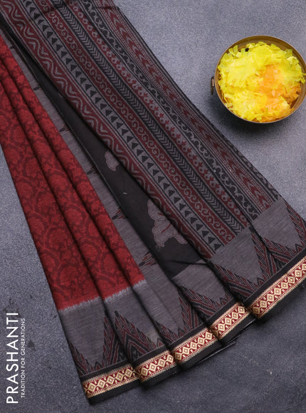 Muslin cotton saree maroon and grey black with allover floral prints and thread woven border