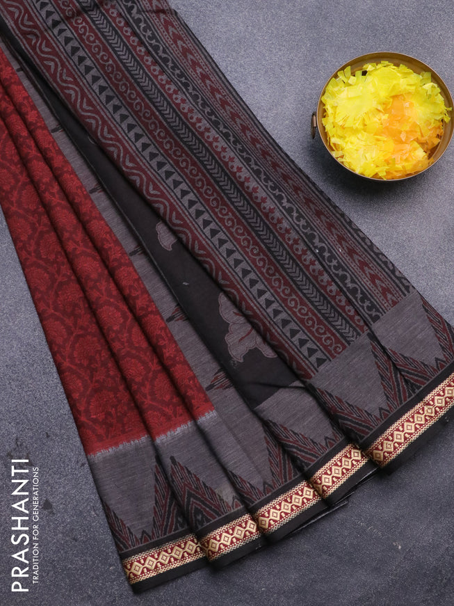 Muslin cotton saree maroon and grey black with allover floral prints and thread woven border