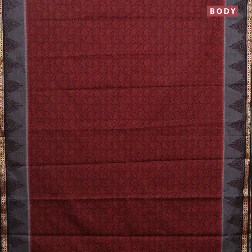 Muslin cotton saree maroon and grey black with allover floral prints and thread woven border