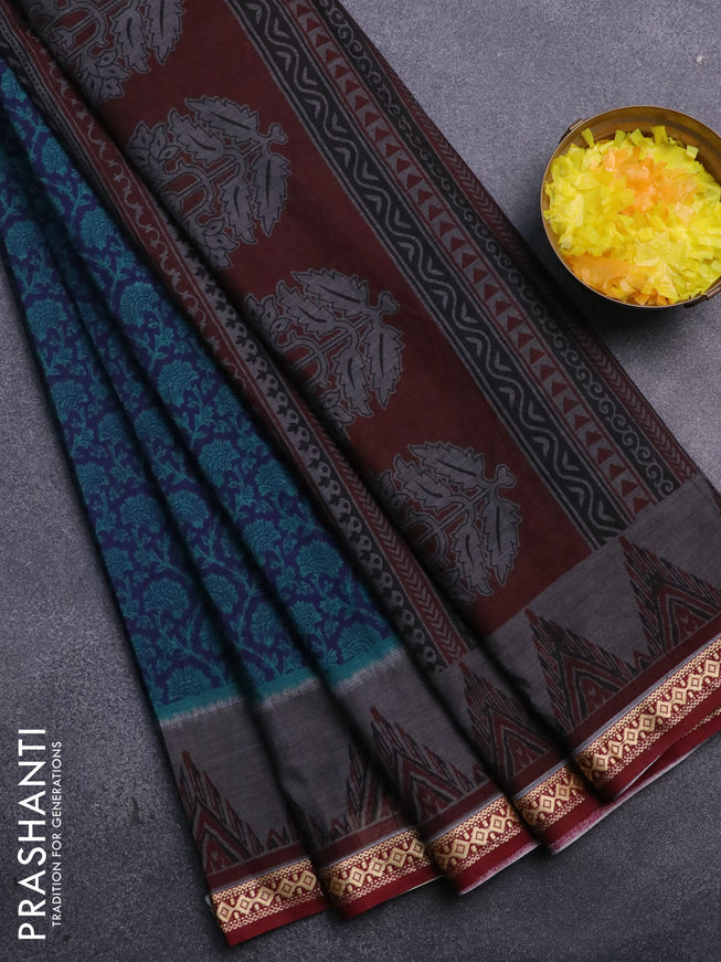 Muslin cotton saree blue and grey maroon with allover floral prints and thread woven border