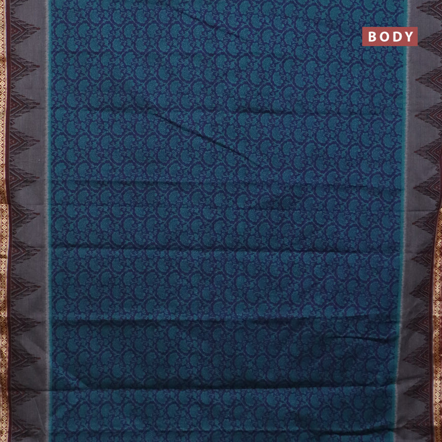 Muslin cotton saree blue and grey maroon with allover floral prints and thread woven border