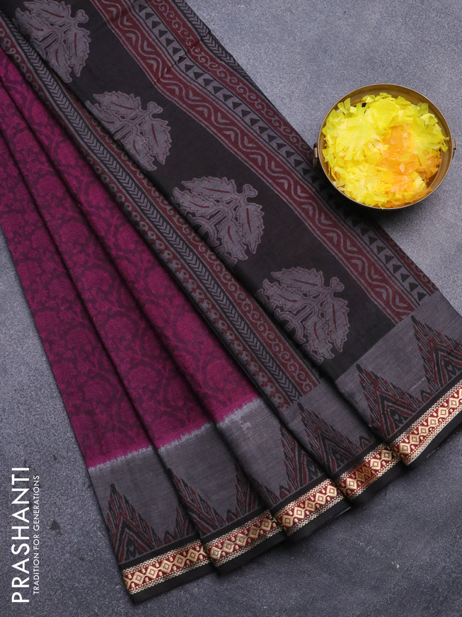 Muslin cotton saree purple and grey black with allover floral prints and thread woven border