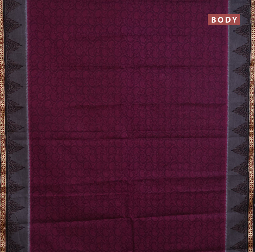 Muslin cotton saree purple and grey black with allover floral prints and thread woven border